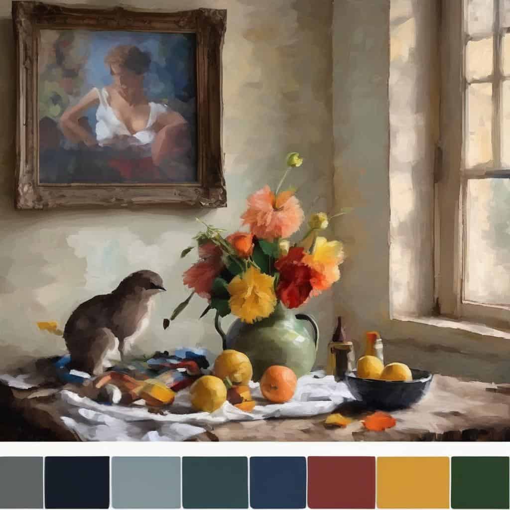 Πίνακας με ζωγραφική γυναίκας, λουλούδια και γάτα σε εσωτερικό χώρο, σύγχρονη καλλιτεχνική δημιουργία και εξέλιξη.